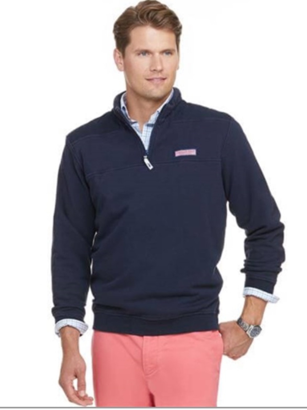 Vineyard Vines M Navy Blue Quarter-Zip Pullover Shep Shirt Pink Logo 100% Cotton